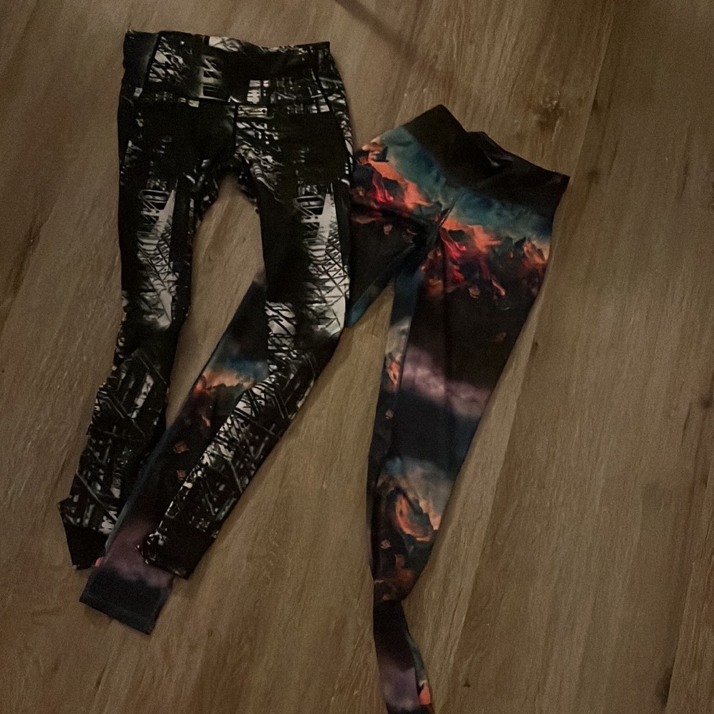 2 spandex/polyester leggings with unique patterns in XS/S